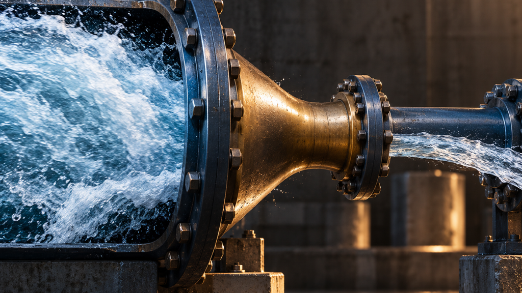 A large industrial water pipe narrows sharply at one section, restricting the amount of water that can pass through despite the greater capacity of the upstream pipe.