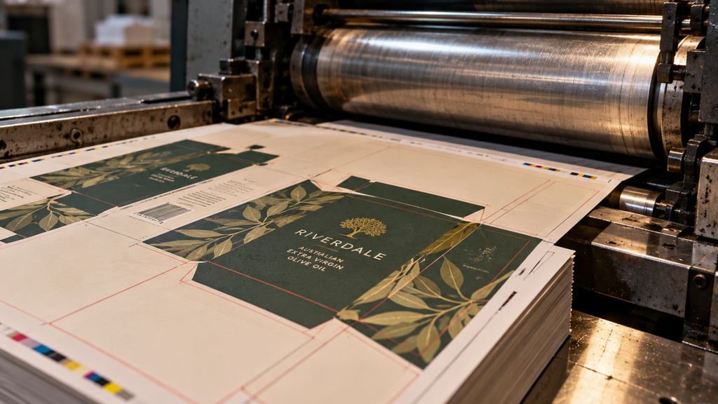A commercial printing press is about to receive a stack of packaging sheets with visibly misaligned printing, showing a defect just before production begins.