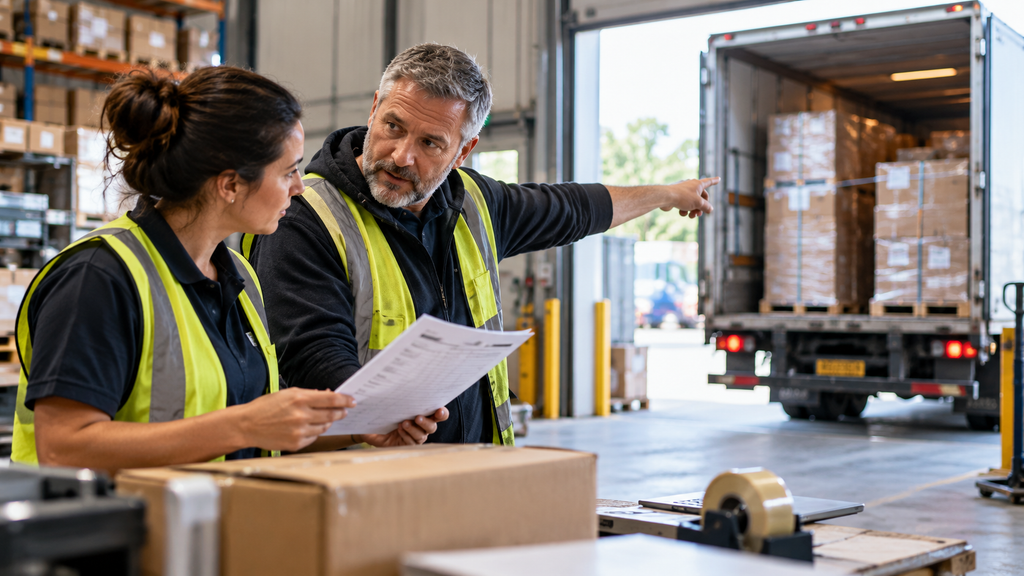 An operations manager points toward a loaded delivery truck while discussing a customer order with a colleague at a warehouse packing bench.